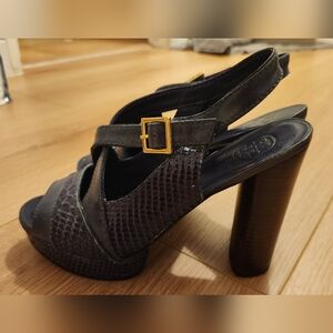 Navy Blue Heeled Sandals with Gold Buckle